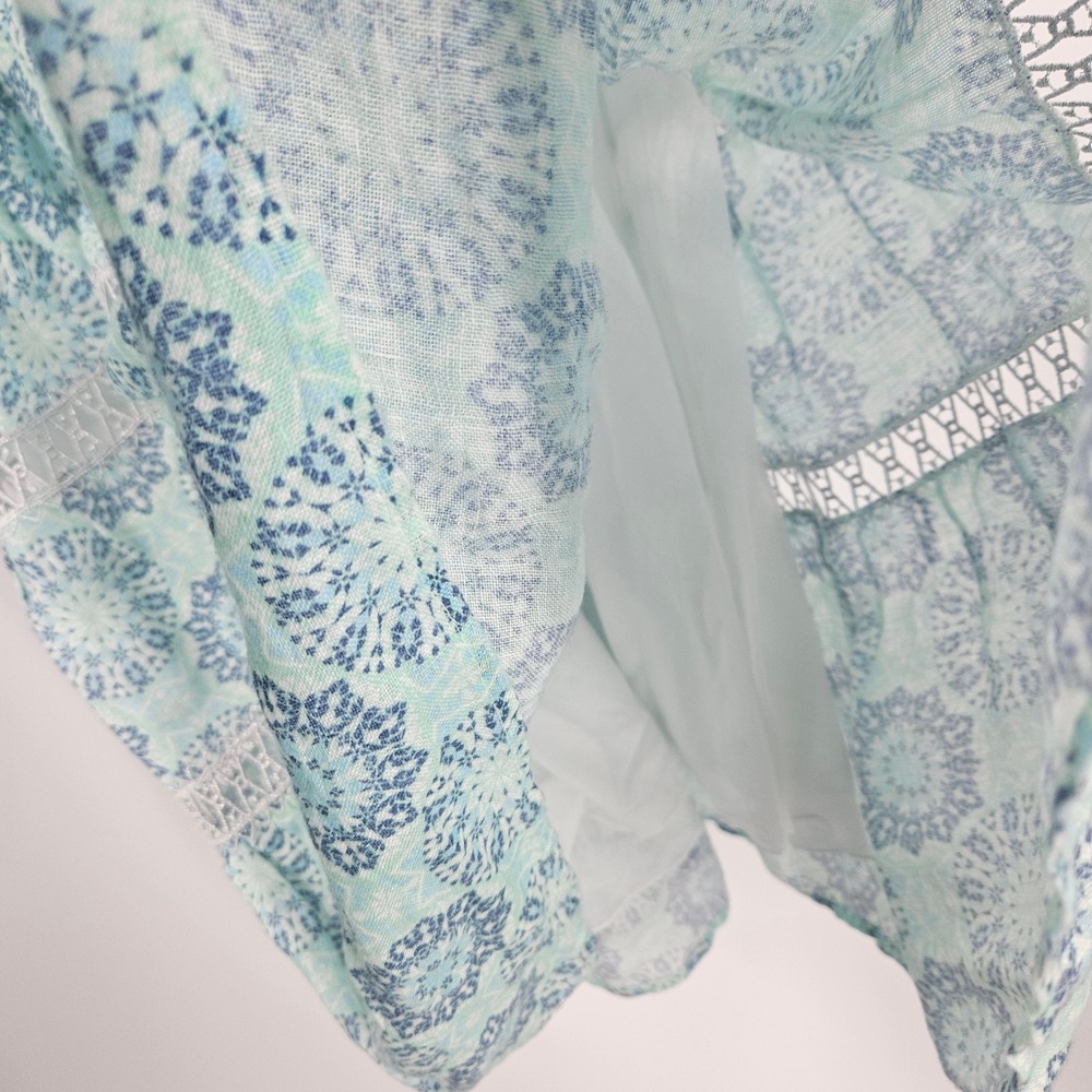 Temptation Positano Puebla Linen Dress Green Blue Medallion Lace Trim Mini Sz S - Picture 11 of 13